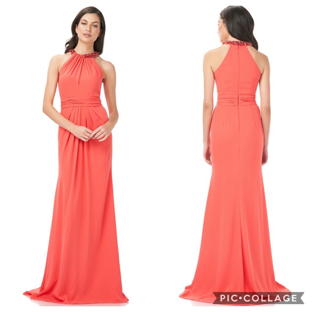 Theia halter sleeveless beaded Neckline long evening Gown - Picture 2 of 6